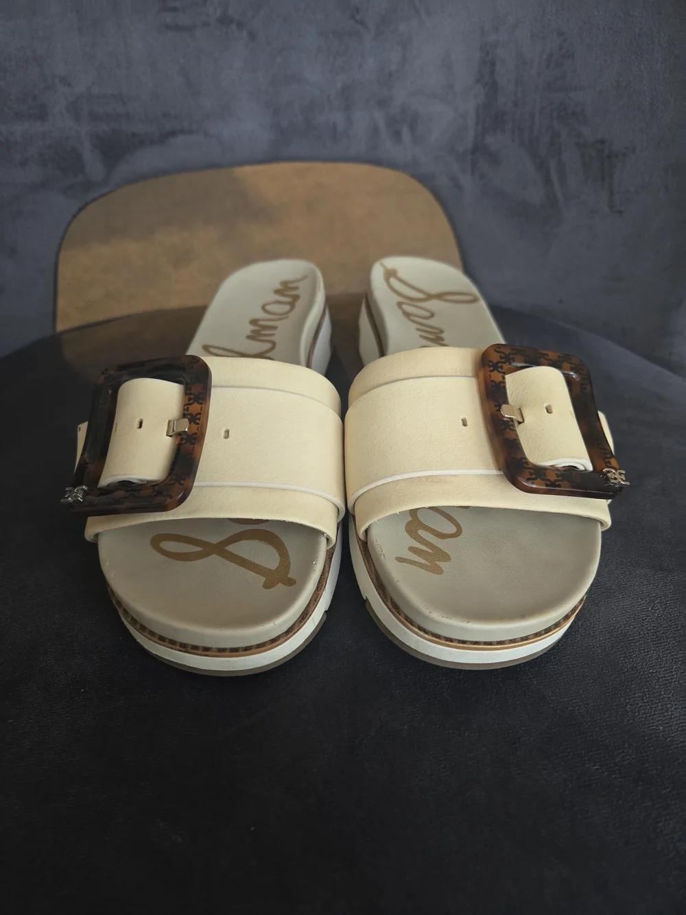 Sam Edelman Cream Slide Sandals with Tortoiseshell Buckle Accent